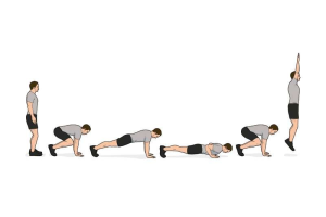 Ilustración del burpee. Ejercicio físico completo para trabajar todo el cuerpo para implementar como actividad diaria.