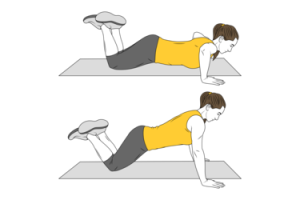 imagen ilustrativa flexiones de brazo con rodillas apoyadas. Buen ejercicio para implementar en la actividad fisica diaria.