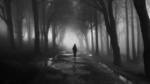 Persona caminando por un camino de bosque.
