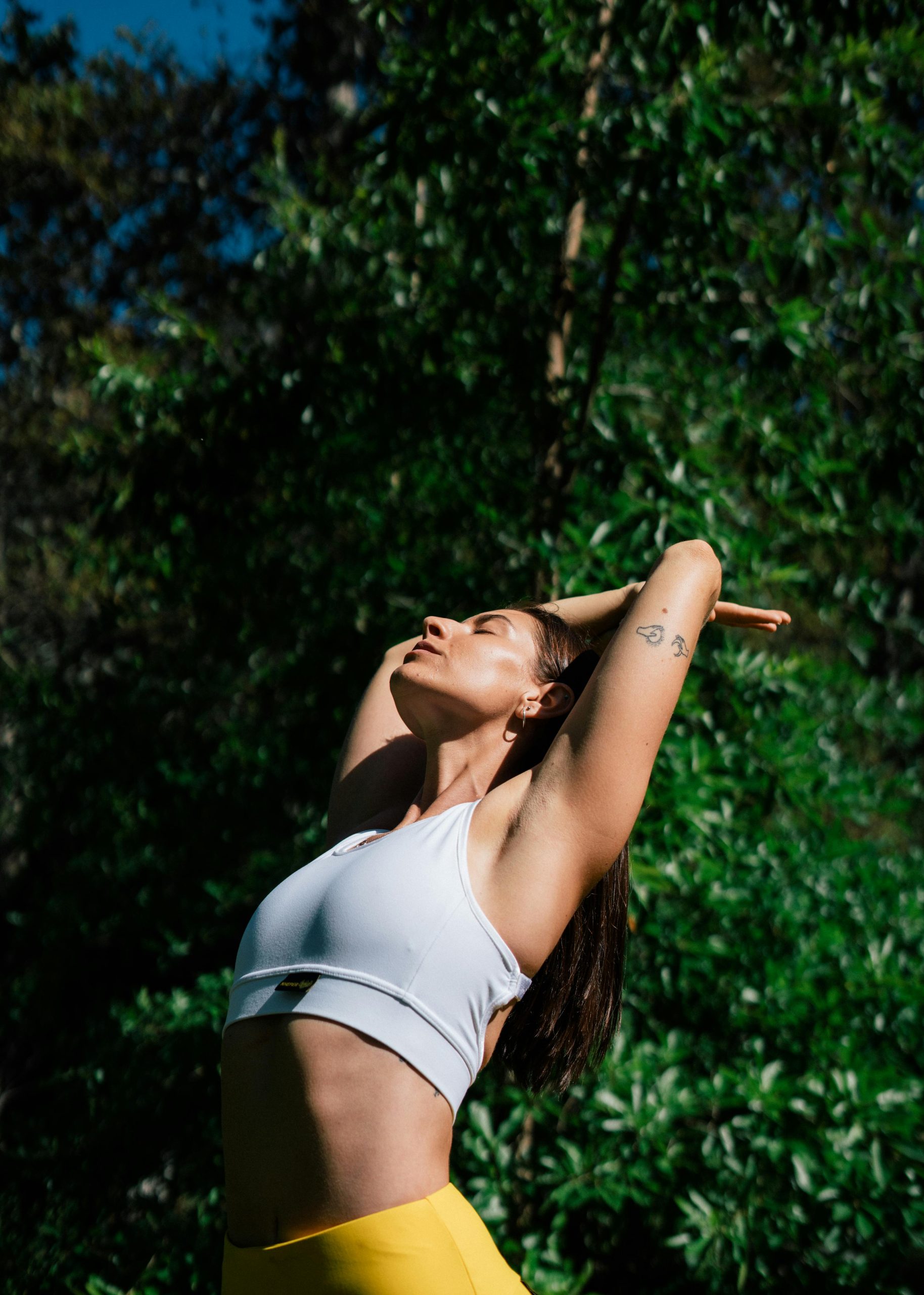 Práctica de yoga al aire libre en conexión con la naturaleza y el sol, reflejando los principios de la medicina alternativa Ayurveda.