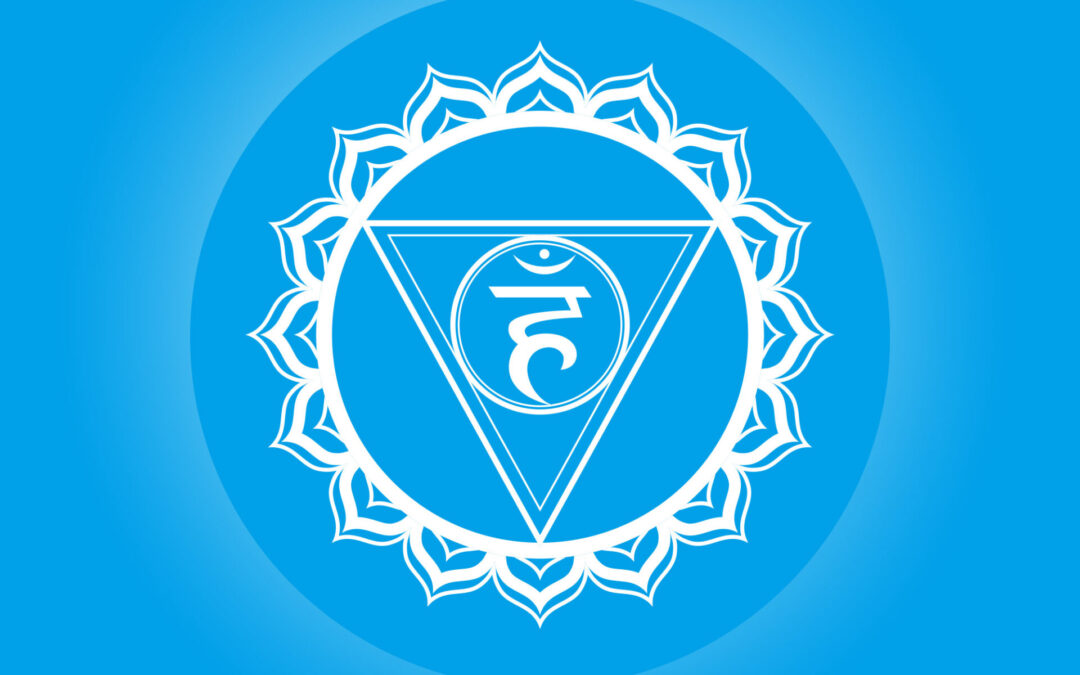 Símbolo del Chakra Garganta, un círculo azul claro con dieciséis pétalos y un triángulo apuntando hacia abajo en su interior, representando la comunicación clara y la expresión personal.