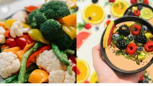 Variedad de frutas y verduras frescas. Alimentación consciente y saludable: incluye colores y variedades en tu dieta para obtener todos los nutrientes esenciales.