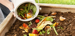Compostaje casero: persona añadiendo desechos de frutas y verduras a un compostador en el jardín. Una forma sencilla y eco-amigable de reciclar residuos orgánicos y crear abono natural para tu jardín. claro ejemplo de estilo de vida sostenible.