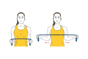 Ejercicio de rotación de hombros con banda elástica para aumentar la fuerza y flexibilidad del manguito rotador.