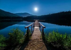 Sendero hacia la serenidad: Un camino serpenteante conduce a un muelle tranquilo, suspendido sobre las aguas cristalinas de un apacible lago, rodeado de exuberante vegetación y majestuosas montañas, evocando una sensación de equilibrio y armonía con la naturaleza.