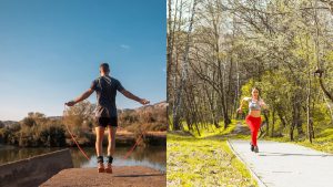 Personas haciendo deporte al aire libre para mejorar su bienestar físico, mental y social.