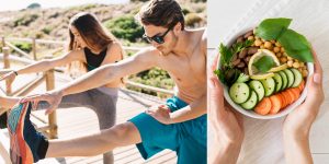 personas realizando actividad física y disfrutando de una comida saludable. La combinación perfecta para un estilo de vida holístico y equilibrado.