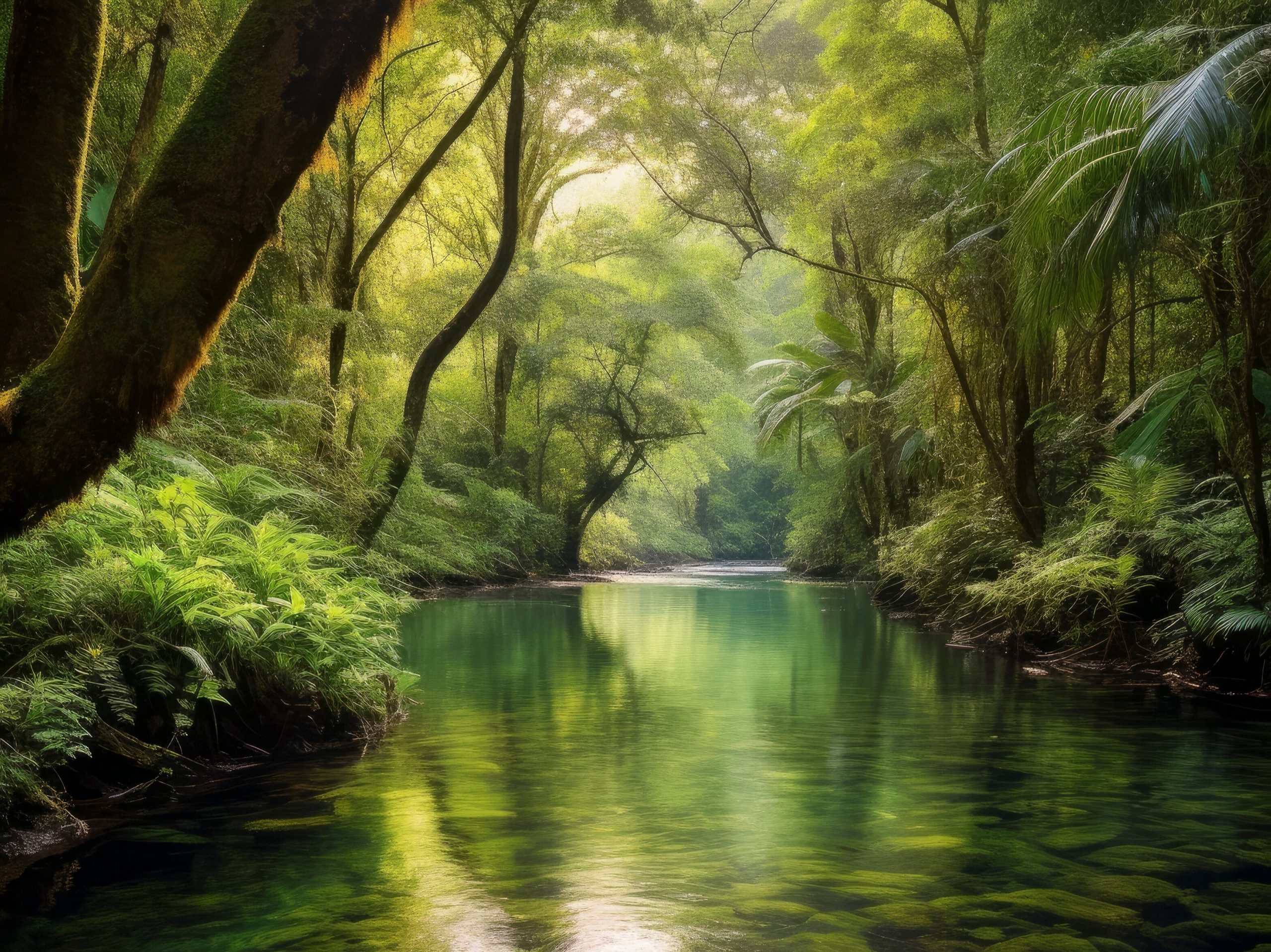 Bosque frondoso con riachuelo que ilustra las 4 leyes de la naturaleza: interconexión, adaptabilidad, sabiduría y autodefensa.