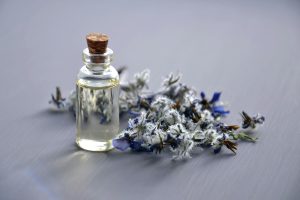  frasco de aceites esenciales y una planta, representativos de la aromaterapia. Esta práctica utiliza aceites naturales para promover la salud y el bienestar, y se aplica mediante inhalación o aplicación tópica.