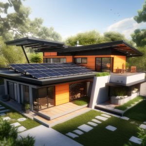moderna casa ecológica con paneles solares en el techo, representando la construcción sostenible y el estilo de vida consciente.