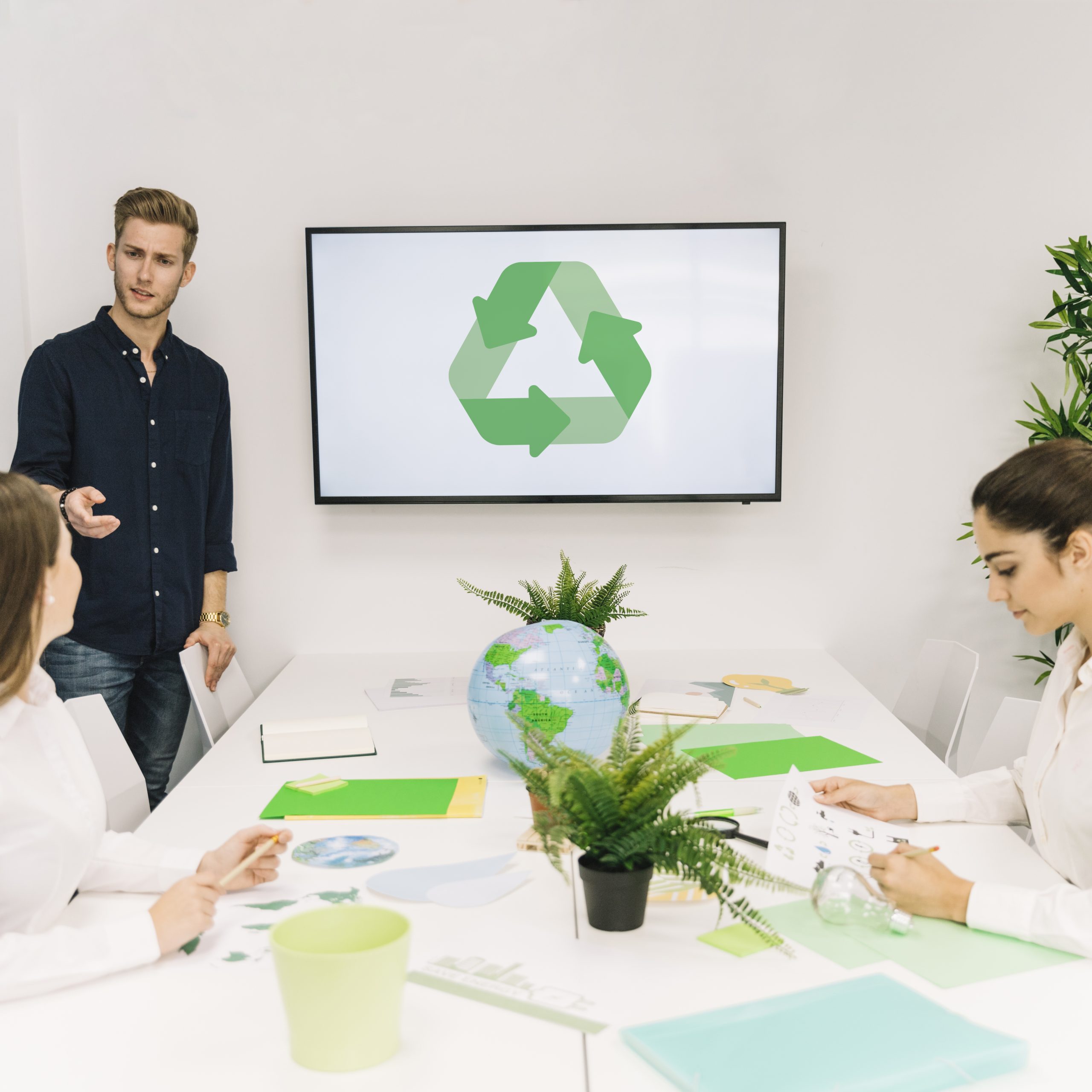 Oficinas de una empresa implementando prácticas de ecología en las empresas para un impacto positivo en el medio ambiente