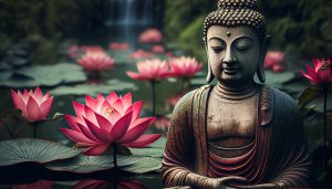 Estatua de Buda con flores de loto en un entorno sereno.