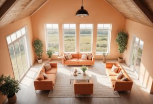 Interior de casa ecológica con grandes ventanas energéticamente eficientes y claraboyas, maximizando la luz natural.