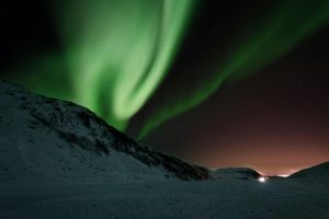 Paisaje nevado iluminado por auroras boreales en la región boreal, mostrando la vida de ecosistemas terrestres bajo las auroras.